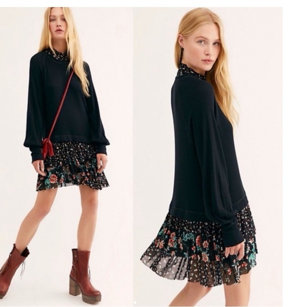 Free People‎ Opposites Attract Mini Dress Black Floral Waffle Knit Mesh Small